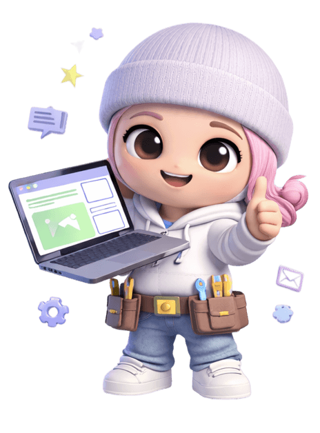 Mascot showing finished website on laptop